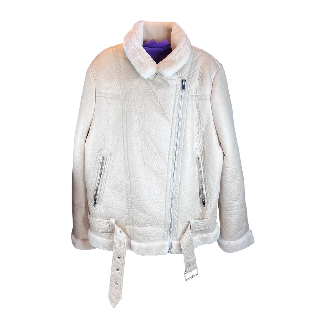 Topshop Beige Aviator Faux Suede Fur Lined Bomber Biker Jacket Women's 12